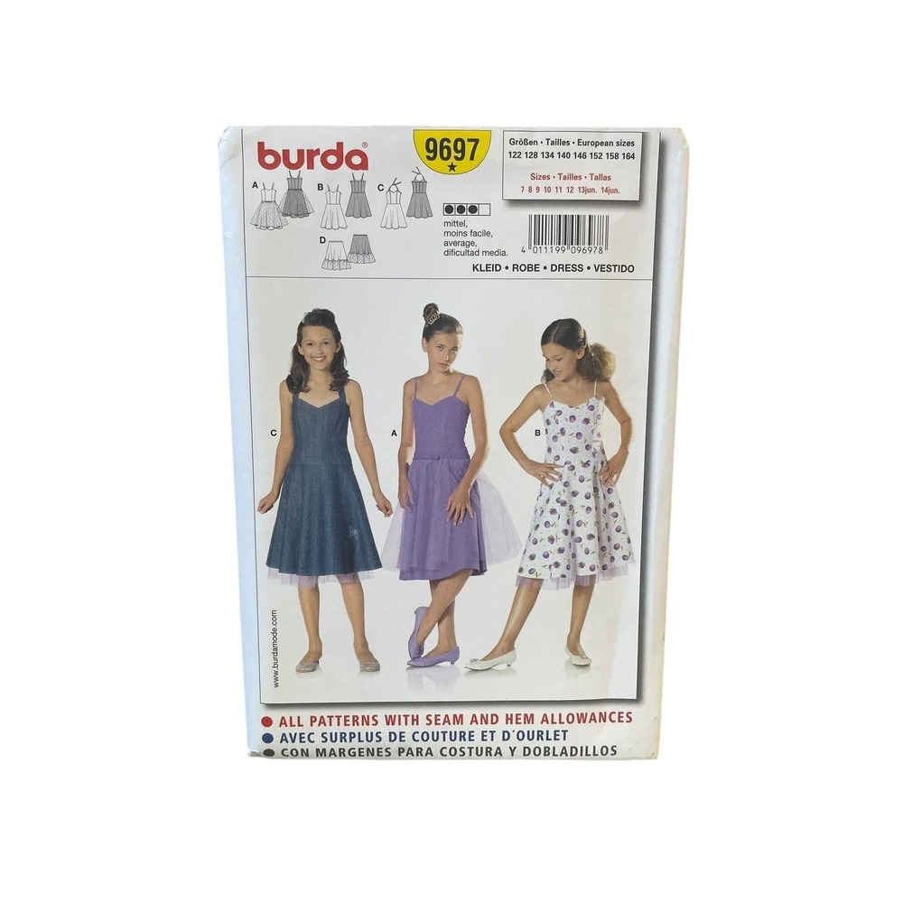 Burda Sewing Pattern Girls Size 7-14 9697 Fitted Flared Dress Tulle Uncut FF